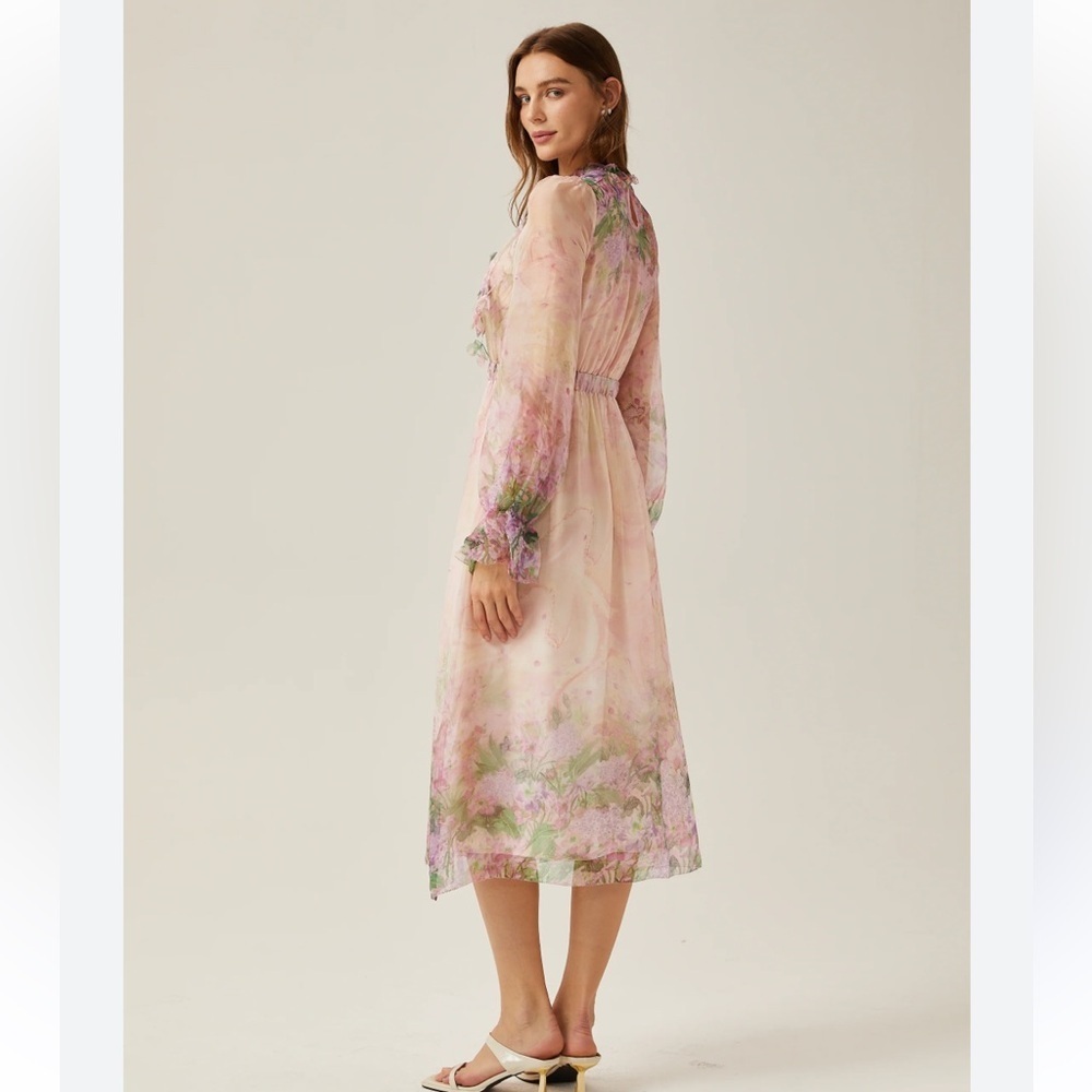 NWT Miss Rosier JUSTINE Dress floral print cinched midi size Small PINK cottage - Picture 4 of 16